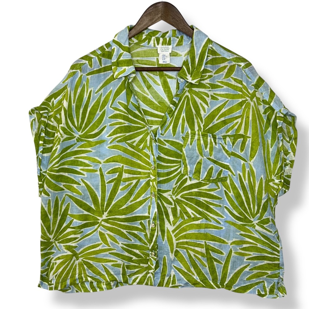 Sigrid Olsen 100% Linen Button Up Shirt XL Green Blue Palm Leaf Vacation Boxy